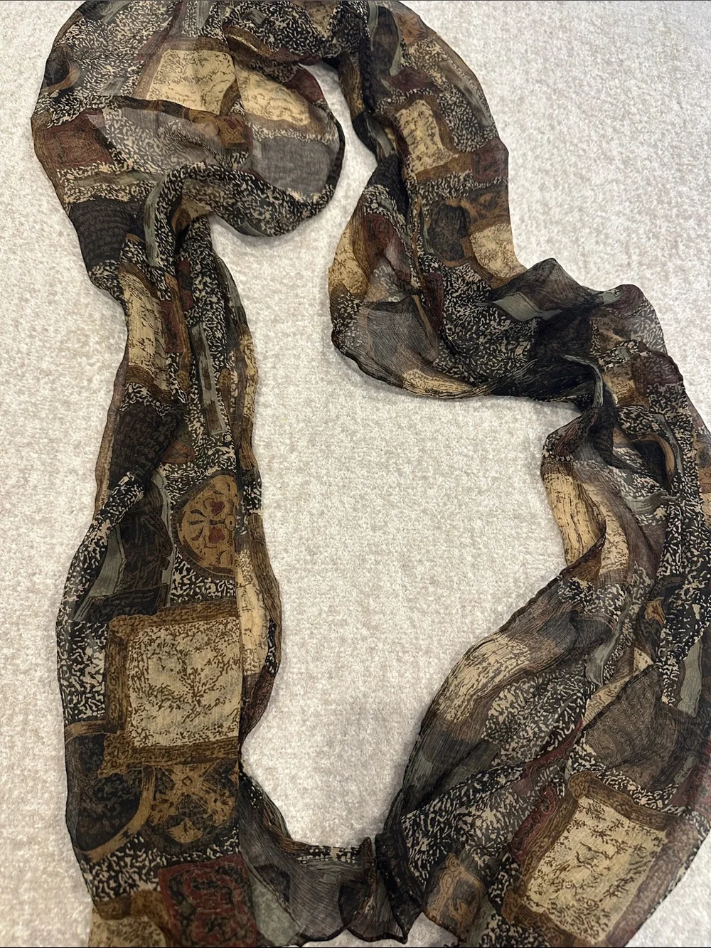 100% silk Sheer Patchwork Print Scarf in Black, Brown & Tan